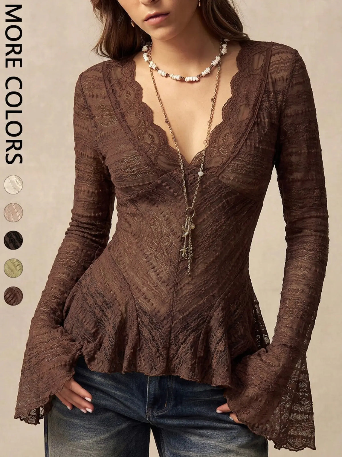 Women'S Wave Lace Trim V-Neck Shirt, Long Flared Sleeve Sheer Texture Ruffle Dress Top, Boho Vintage Elegant Layering Blouse, Perfect for Dates, Brunch, Streetwear, Vacation, Casual
