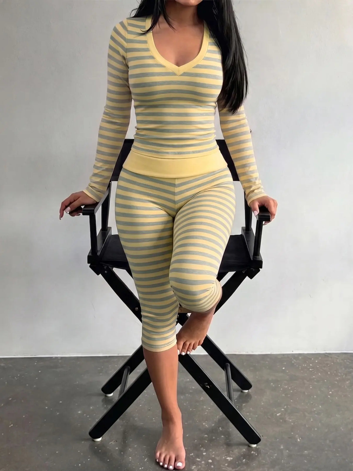 Yellow Grey Striped Two Piece Loungewear Set Crew Neck Short Sleeve Slim Crop Top High Waist Capri Leggings Stretch Fitted Matching Outfit Ideal for Home Relaxation Gym Training Grocery Runs and Casual Everyday All Season Comfy Outfits Stretchy Multicolor