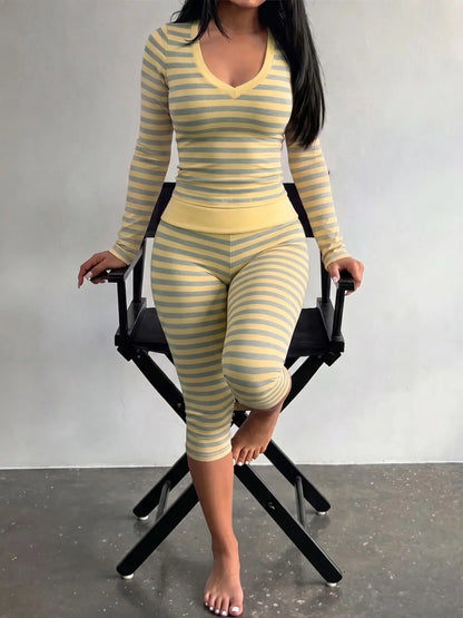 Yellow Grey Striped Two Piece Loungewear Set Crew Neck Short Sleeve Slim Crop Top High Waist Capri Leggings Stretch Fitted Matching Outfit Ideal for Home Relaxation Gym Training Grocery Runs and Casual Everyday All Season Comfy Outfits Stretchy Multicolor