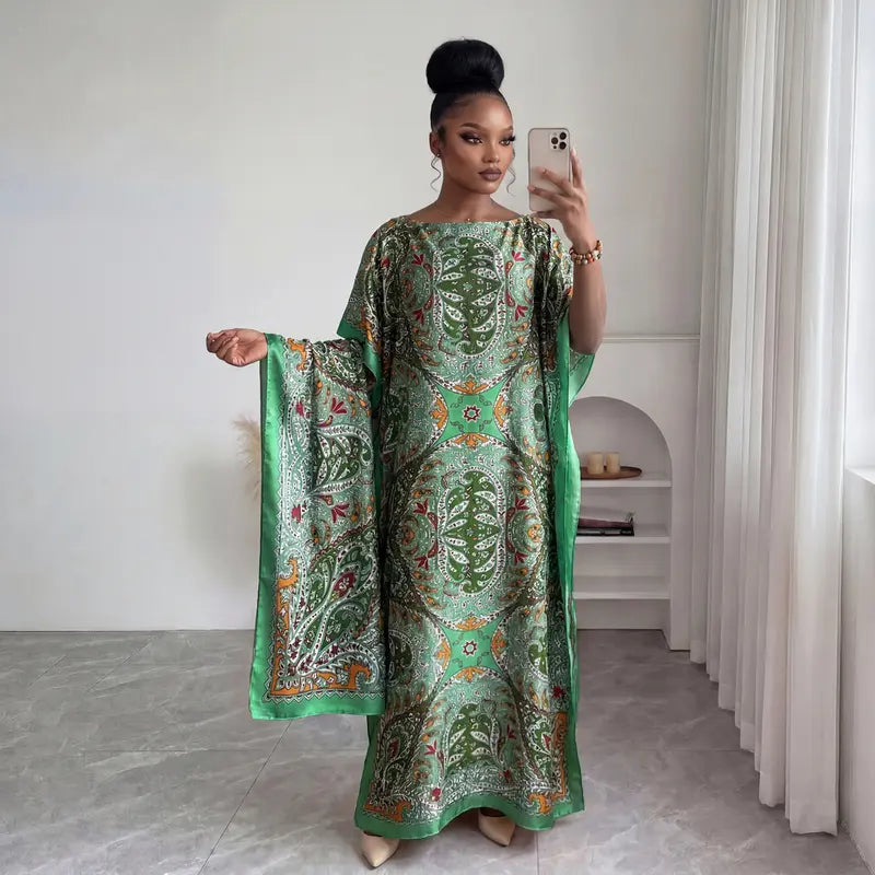 Women Printed Satin Abaya Set, Loose Batwing Sleeve Maxi Dress with Matching Long Scarf, Muslim Hijab Outfit, Islamic Dubai Kaftan for Party Daily Wear