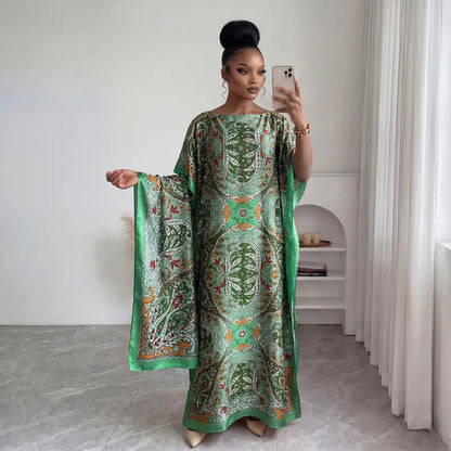 Women Printed Satin Abaya Set, Loose Batwing Sleeve Maxi Dress with Matching Long Scarf, Muslim Hijab Outfit, Islamic Dubai Kaftan for Party Daily Wear
