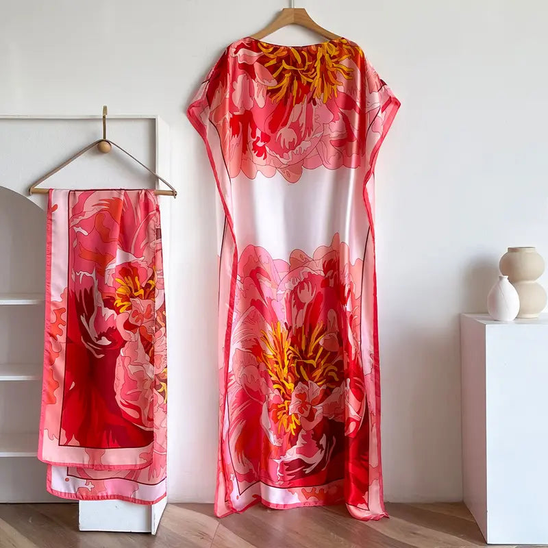 Women Printed Satin Abaya Set, Loose Batwing Sleeve Maxi Dress with Matching Long Scarf, Muslim Hijab Outfit, Islamic Dubai Kaftan for Party Daily Wear