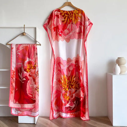 Women Printed Satin Abaya Set, Loose Batwing Sleeve Maxi Dress with Matching Long Scarf, Muslim Hijab Outfit, Islamic Dubai Kaftan for Party Daily Wear