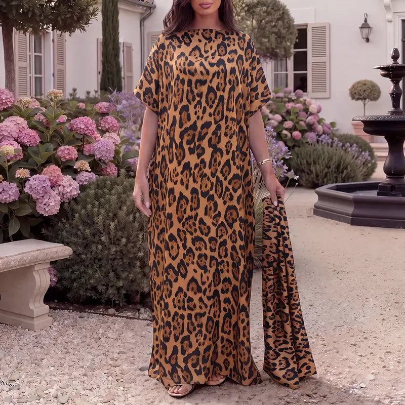 Women Printed Satin Abaya Set, Loose Batwing Sleeve Maxi Dress with Matching Long Scarf, Muslim Hijab Outfit, Islamic Dubai Kaftan for Party Daily Wear