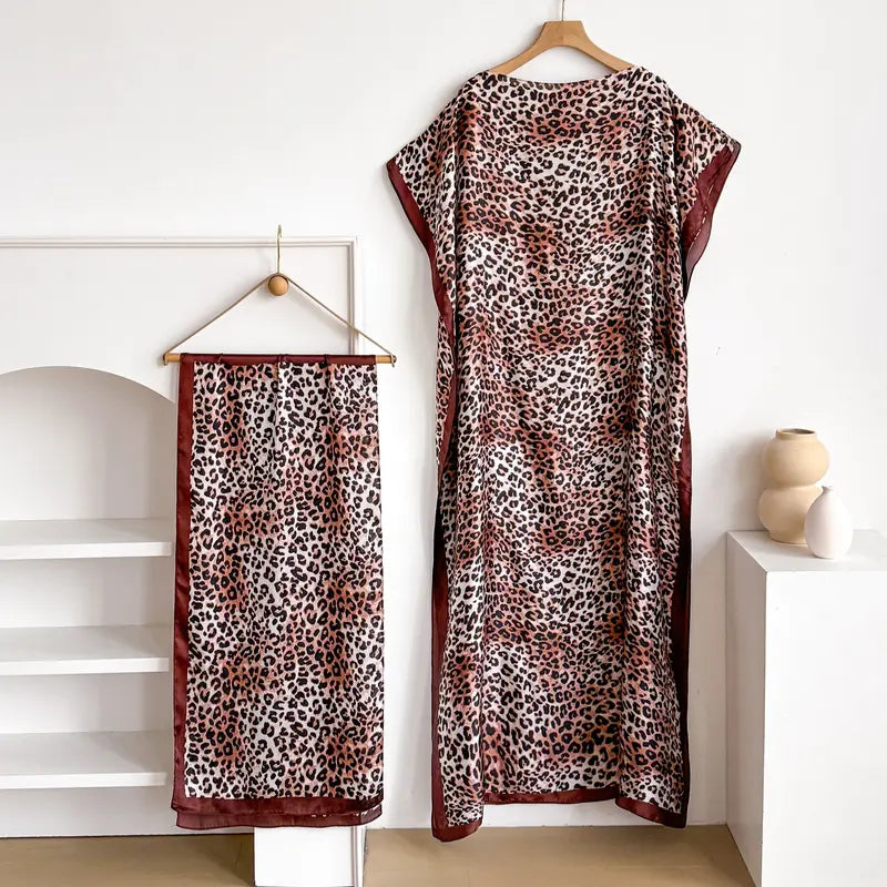 Women Printed Satin Abaya Set, Loose Batwing Sleeve Maxi Dress with Matching Long Scarf, Muslim Hijab Outfit, Islamic Dubai Kaftan for Party Daily Wear