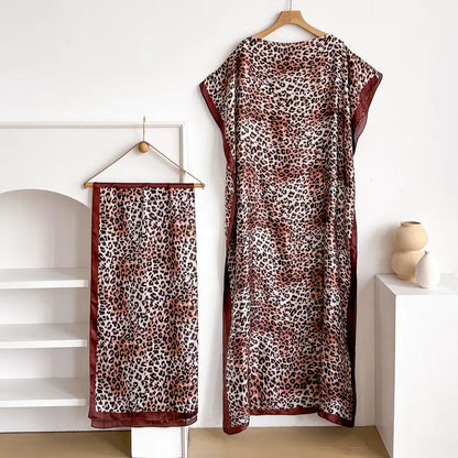 Women Printed Satin Abaya Set, Loose Batwing Sleeve Maxi Dress with Matching Long Scarf, Muslim Hijab Outfit, Islamic Dubai Kaftan for Party Daily Wear