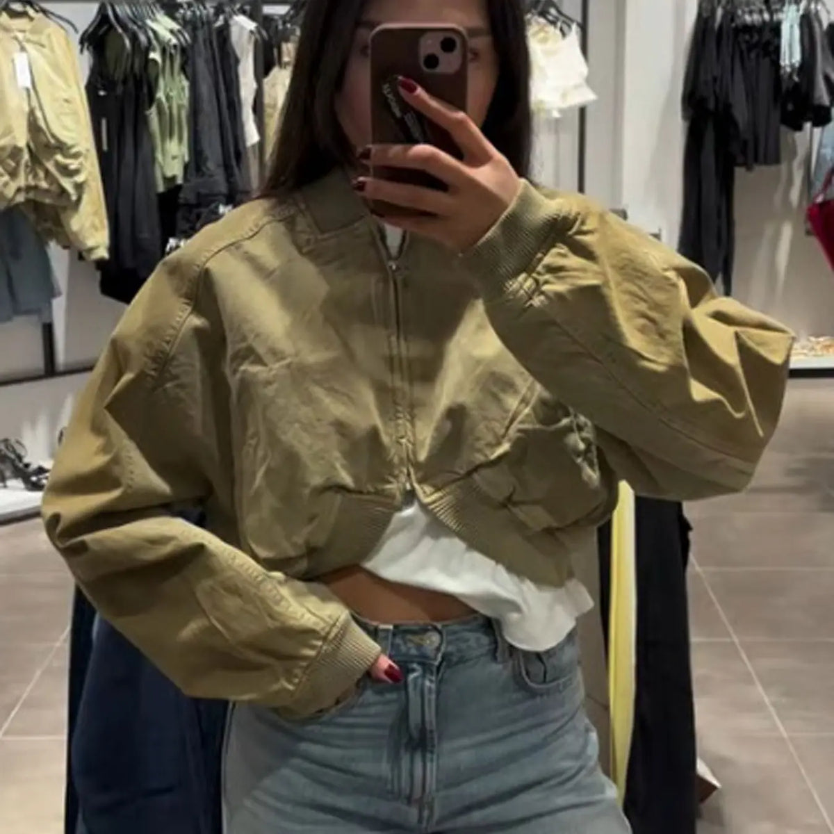 Olive Green Cropped Bomber Jacket for Women - Vintage Style Casual Outerwear with Ribbed Collar, Cuffs, Full Zip, and Side Pockets for Daily Streetwear Layering