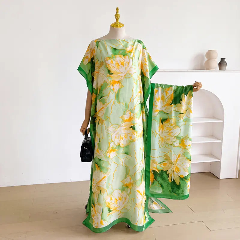 Women Printed Satin Abaya Set, Loose Batwing Sleeve Maxi Dress with Matching Long Scarf, Muslim Hijab Outfit, Islamic Dubai Kaftan for Party Daily Wear