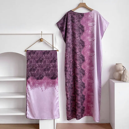 Women Printed Satin Abaya Set, Loose Batwing Sleeve Maxi Dress with Matching Long Scarf, Muslim Hijab Outfit, Islamic Dubai Kaftan for Party Daily Wear