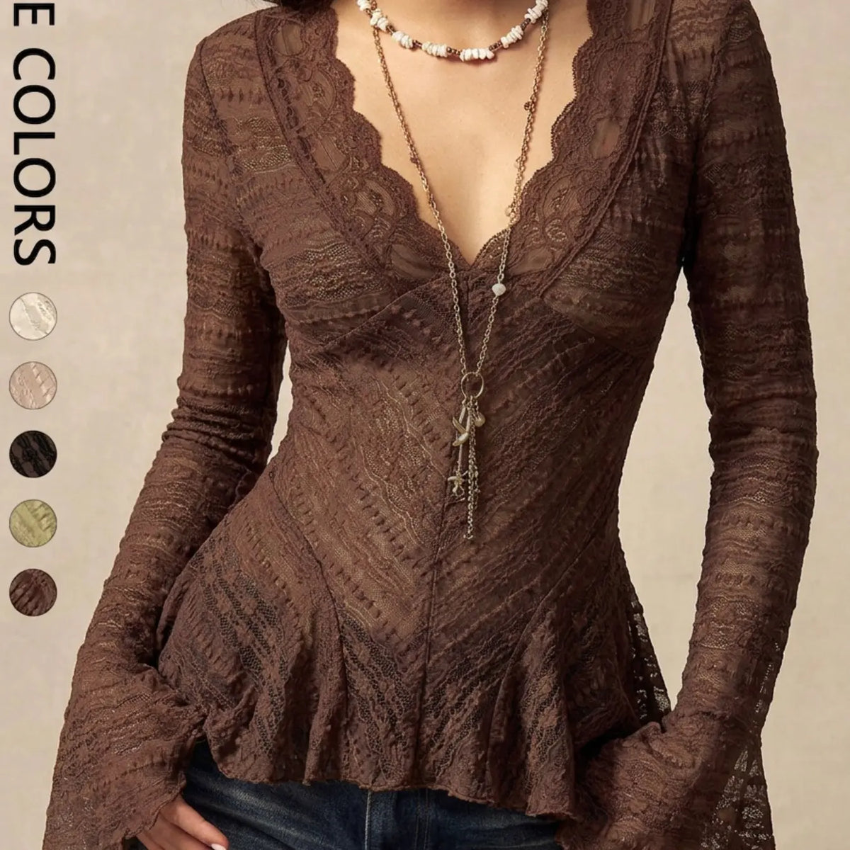 Women'S Wave Lace Trim V-Neck Shirt, Long Flared Sleeve Sheer Texture Ruffle Dress Top, Boho Vintage Elegant Layering Blouse, Perfect for Dates, Brunch, Streetwear, Vacation, Casual