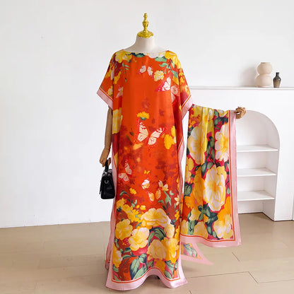 Women Printed Satin Abaya Set, Loose Batwing Sleeve Maxi Dress with Matching Long Scarf, Muslim Hijab Outfit, Islamic Dubai Kaftan for Party Daily Wear