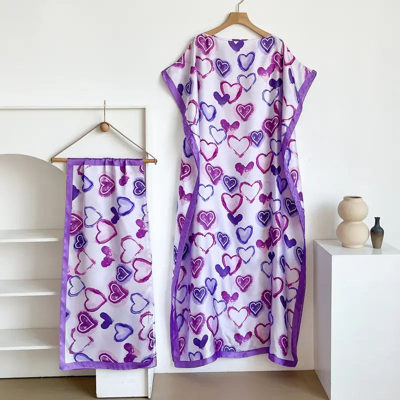 Women Printed Satin Abaya Set, Loose Batwing Sleeve Maxi Dress with Matching Long Scarf, Muslim Hijab Outfit, Islamic Dubai Kaftan for Party Daily Wear