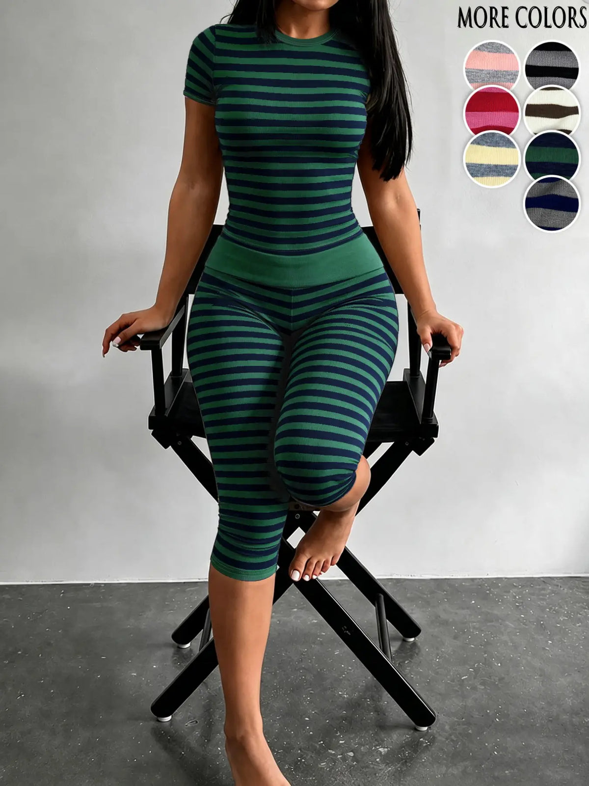 Yellow Grey Striped Two Piece Loungewear Set Crew Neck Short Sleeve Slim Crop Top High Waist Capri Leggings Stretch Fitted Matching Outfit Ideal for Home Relaxation Gym Training Grocery Runs and Casual Everyday All Season Comfy Outfits Stretchy Multicolor