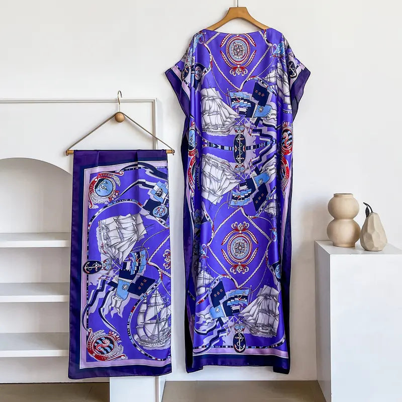 Women Printed Satin Abaya Set, Loose Batwing Sleeve Maxi Dress with Matching Long Scarf, Muslim Hijab Outfit, Islamic Dubai Kaftan for Party Daily Wear