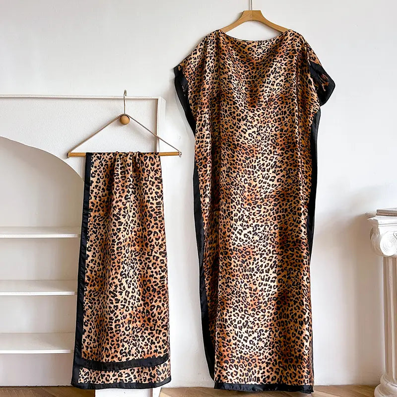 Women Printed Satin Abaya Set, Loose Batwing Sleeve Maxi Dress with Matching Long Scarf, Muslim Hijab Outfit, Islamic Dubai Kaftan for Party Daily Wear