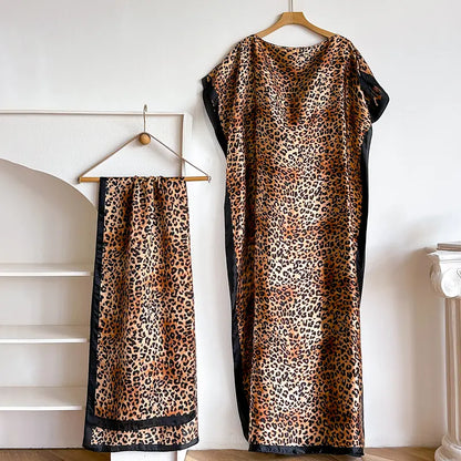 Women Printed Satin Abaya Set, Loose Batwing Sleeve Maxi Dress with Matching Long Scarf, Muslim Hijab Outfit, Islamic Dubai Kaftan for Party Daily Wear