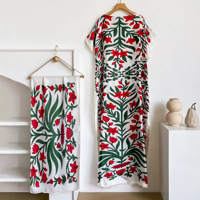 Women Printed Satin Abaya Set, Loose Batwing Sleeve Maxi Dress with Matching Long Scarf, Muslim Hijab Outfit, Islamic Dubai Kaftan for Party Daily Wear