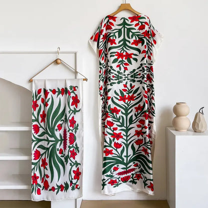 Women Printed Satin Abaya Set, Loose Batwing Sleeve Maxi Dress with Matching Long Scarf, Muslim Hijab Outfit, Islamic Dubai Kaftan for Party Daily Wear
