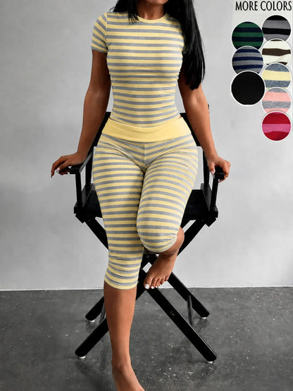 Yellow Grey Striped Two Piece Loungewear Set Crew Neck Short Sleeve Slim Crop Top High Waist Capri Leggings Stretch Fitted Matching Outfit Ideal for Home Relaxation Gym Training Grocery Runs and Casual Everyday All Season Comfy Outfits Stretchy Multicolor