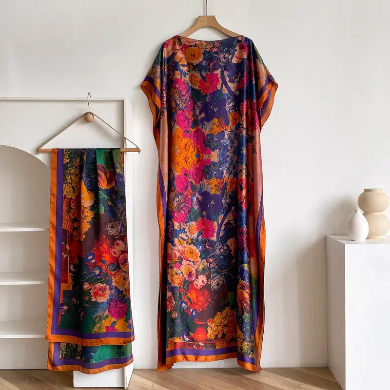 Women Printed Satin Abaya Set, Loose Batwing Sleeve Maxi Dress with Matching Long Scarf, Muslim Hijab Outfit, Islamic Dubai Kaftan for Party Daily Wear