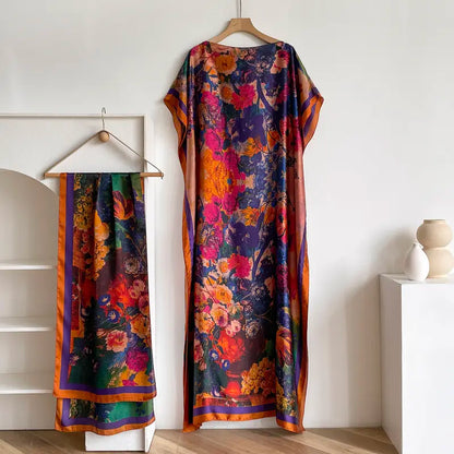 Women Printed Satin Abaya Set, Loose Batwing Sleeve Maxi Dress with Matching Long Scarf, Muslim Hijab Outfit, Islamic Dubai Kaftan for Party Daily Wear