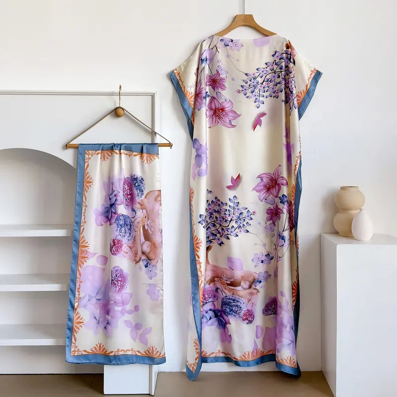 Women Printed Satin Abaya Set, Loose Batwing Sleeve Maxi Dress with Matching Long Scarf, Muslim Hijab Outfit, Islamic Dubai Kaftan for Party Daily Wear