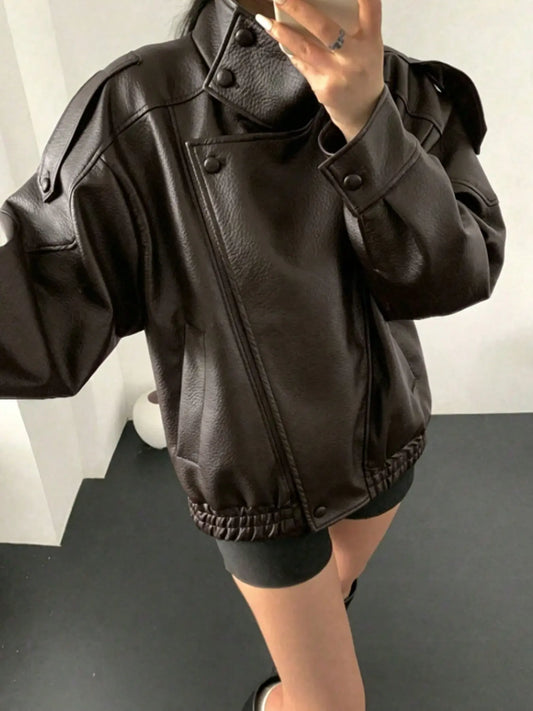 【Black Friday】Women'S Fall & Winter Streetwear Jacket, Casual Fashion Motorcycle Style Leather-Look Long Sleeve Jacket, Vintage Loose Fit, Stand Collar Asymmetrical Design, Multiple Colors Available
