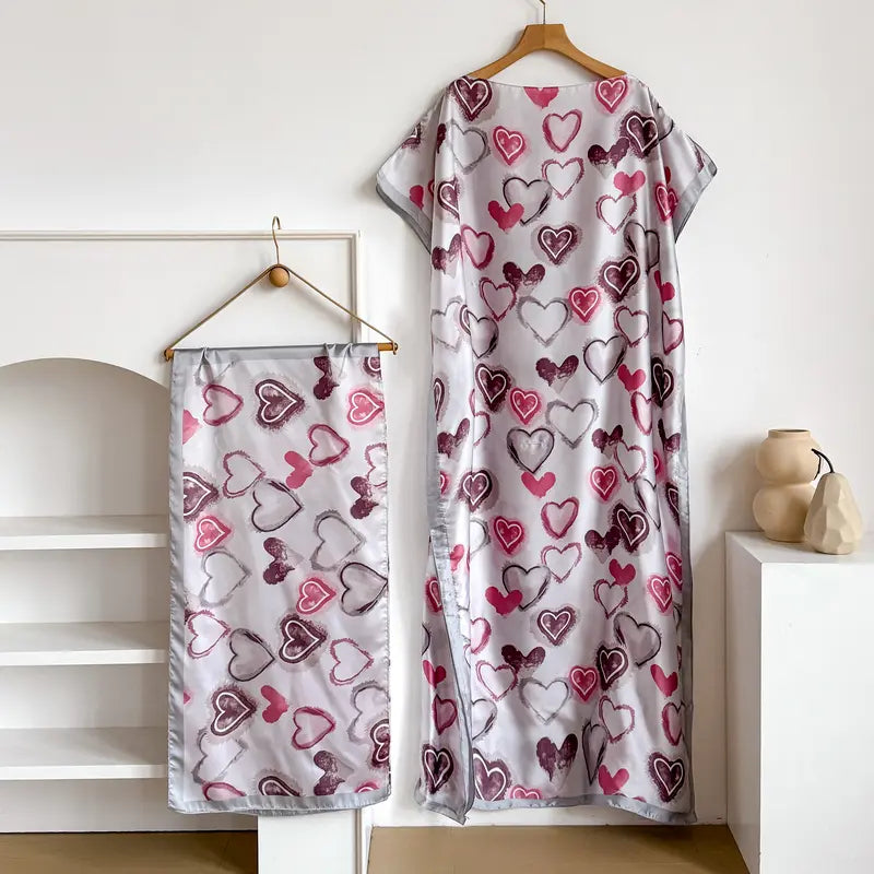 Women Printed Satin Abaya Set, Loose Batwing Sleeve Maxi Dress with Matching Long Scarf, Muslim Hijab Outfit, Islamic Dubai Kaftan for Party Daily Wear