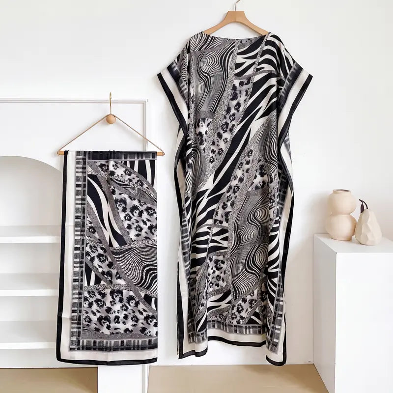 Women Printed Satin Abaya Set, Loose Batwing Sleeve Maxi Dress with Matching Long Scarf, Muslim Hijab Outfit, Islamic Dubai Kaftan for Party Daily Wear