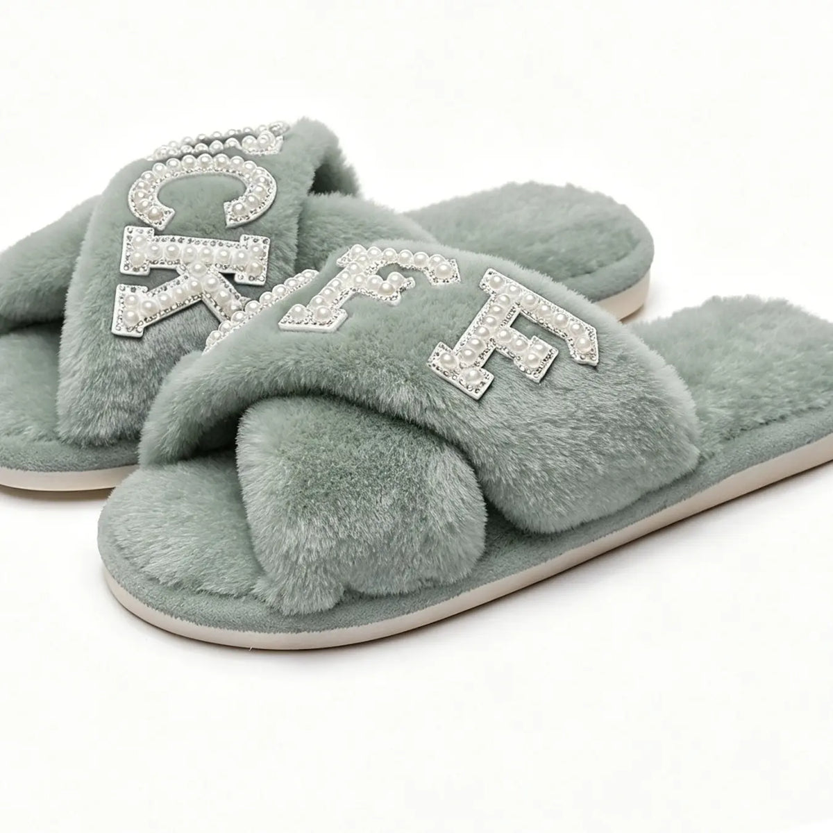 Pearl Drilled Letter off Women'S Plush Slippers Footwear, Comfortable Cross Strap Design, Memory Foam, Perfect Home Gift for Wife