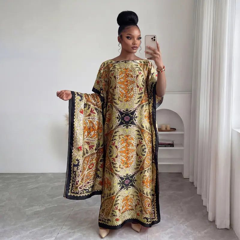 Women Printed Satin Abaya Set, Loose Batwing Sleeve Maxi Dress with Matching Long Scarf, Muslim Hijab Outfit, Islamic Dubai Kaftan for Party Daily Wear