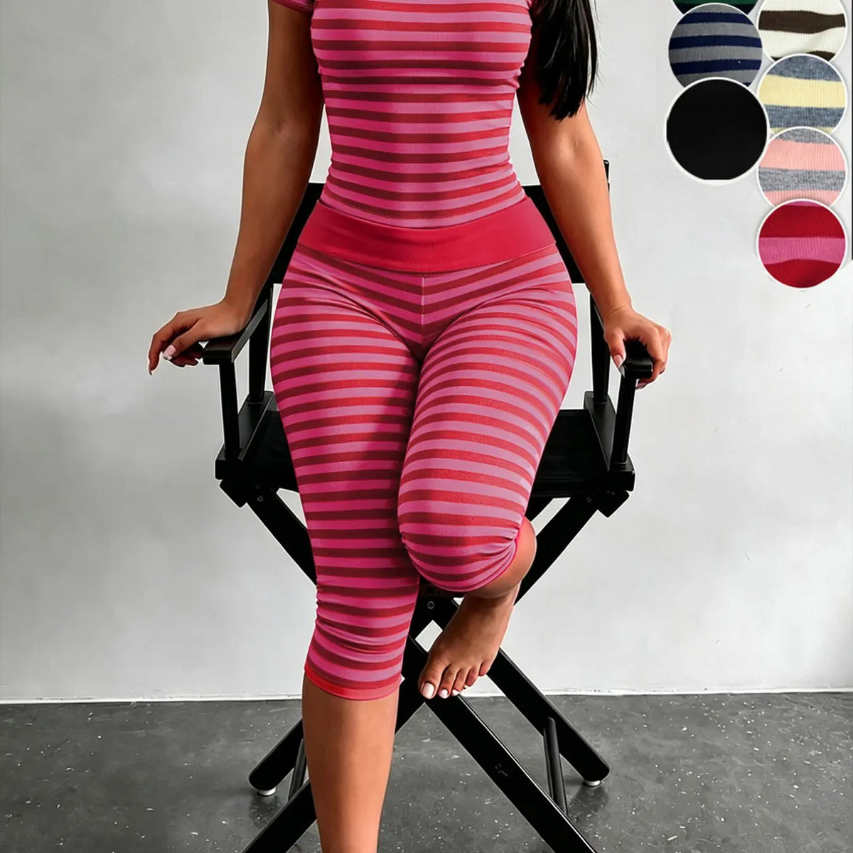 Yellow Grey Striped Two Piece Loungewear Set Crew Neck Short Sleeve Slim Crop Top High Waist Capri Leggings Stretch Fitted Matching Outfit Ideal for Home Relaxation Gym Training Grocery Runs and Casual Everyday All Season Comfy Outfits Stretchy Multicolor