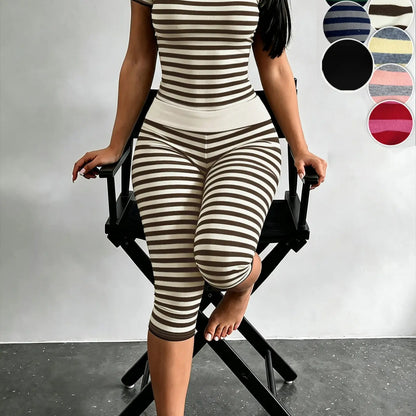 Yellow Grey Striped Two Piece Loungewear Set Crew Neck Short Sleeve Slim Crop Top High Waist Capri Leggings Stretch Fitted Matching Outfit Ideal for Home Relaxation Gym Training Grocery Runs and Casual Everyday All Season Comfy Outfits Stretchy Multicolor
