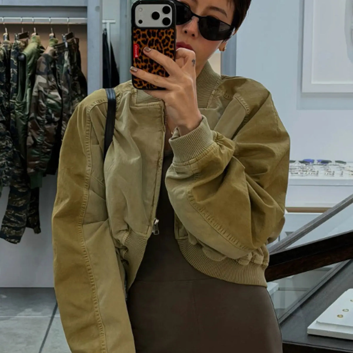 Olive Green Cropped Bomber Jacket for Women - Vintage Style Casual Outerwear with Ribbed Collar, Cuffs, Full Zip, and Side Pockets for Daily Streetwear Layering