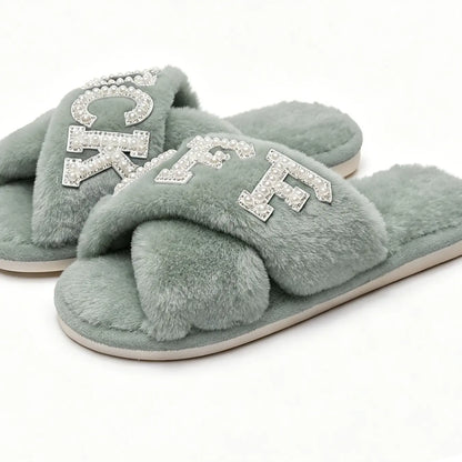 Pearl Drilled Letter off Women'S Plush Slippers Footwear, Comfortable Cross Strap Design, Memory Foam, Perfect Home Gift for Wife