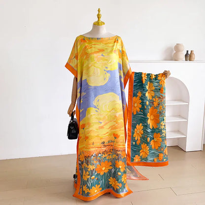 Women Printed Satin Abaya Set, Loose Batwing Sleeve Maxi Dress with Matching Long Scarf, Muslim Hijab Outfit, Islamic Dubai Kaftan for Party Daily Wear