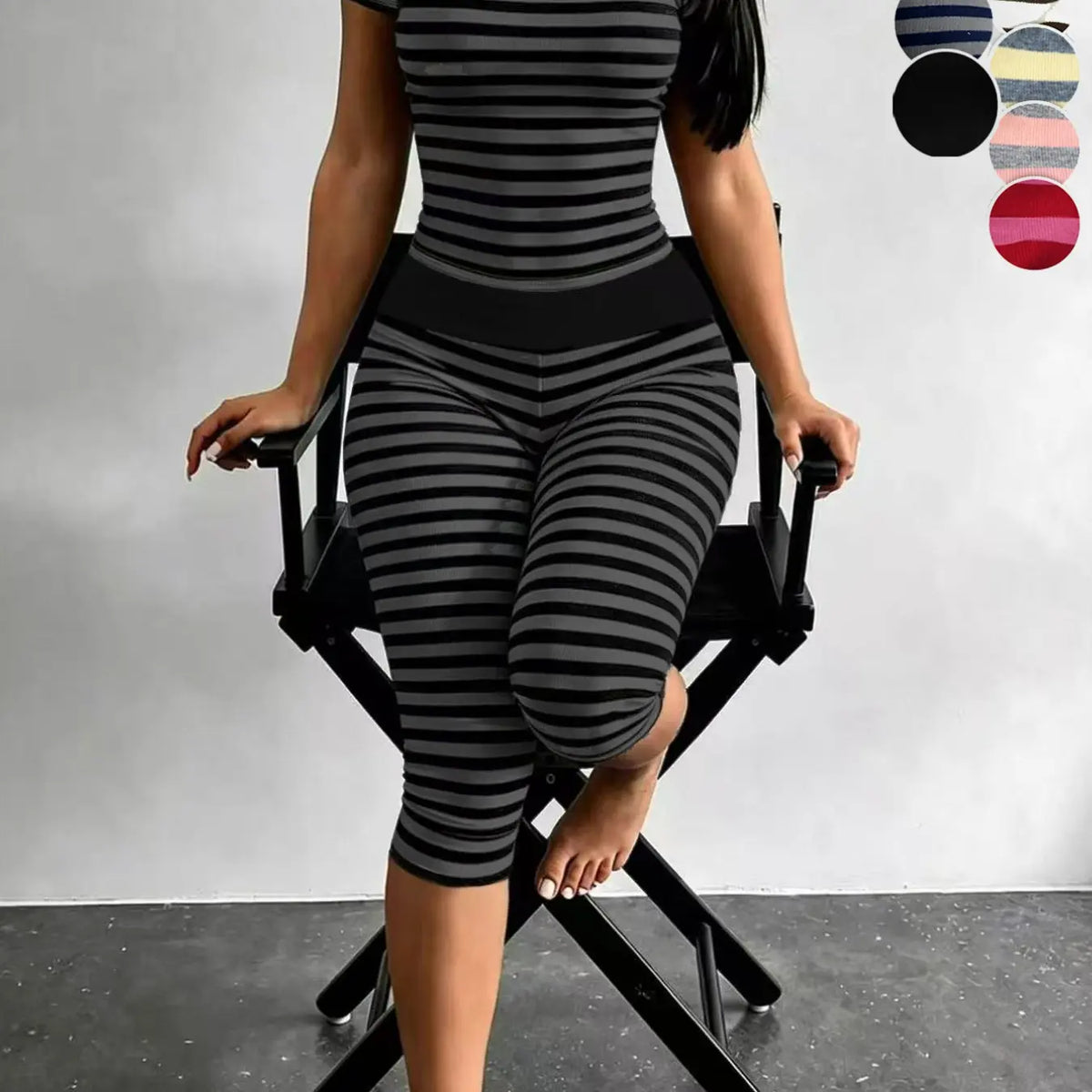 Yellow Grey Striped Two Piece Loungewear Set Crew Neck Short Sleeve Slim Crop Top High Waist Capri Leggings Stretch Fitted Matching Outfit Ideal for Home Relaxation Gym Training Grocery Runs and Casual Everyday All Season Comfy Outfits Stretchy Multicolor