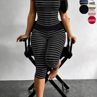 Yellow Grey Striped Two Piece Loungewear Set Crew Neck Short Sleeve Slim Crop Top High Waist Capri Leggings Stretch Fitted Matching Outfit Ideal for Home Relaxation Gym Training Grocery Runs and Casual Everyday All Season Comfy Outfits Stretchy Multicolor