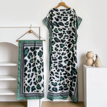 Women Printed Satin Abaya Set, Loose Batwing Sleeve Maxi Dress with Matching Long Scarf, Muslim Hijab Outfit, Islamic Dubai Kaftan for Party Daily Wear