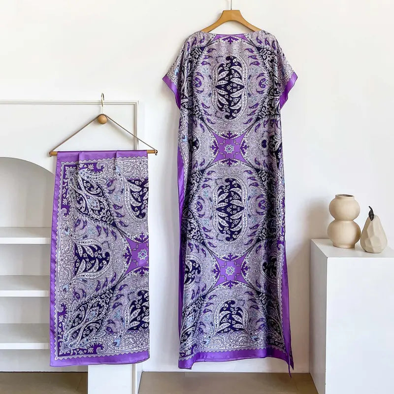 Women Printed Satin Abaya Set, Loose Batwing Sleeve Maxi Dress with Matching Long Scarf, Muslim Hijab Outfit, Islamic Dubai Kaftan for Party Daily Wear