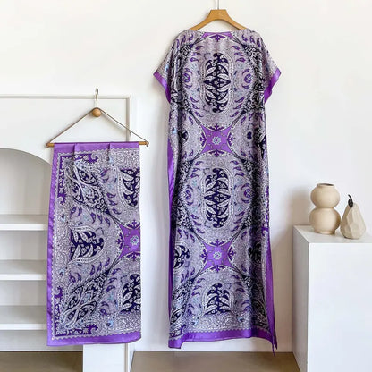 Women Printed Satin Abaya Set, Loose Batwing Sleeve Maxi Dress with Matching Long Scarf, Muslim Hijab Outfit, Islamic Dubai Kaftan for Party Daily Wear