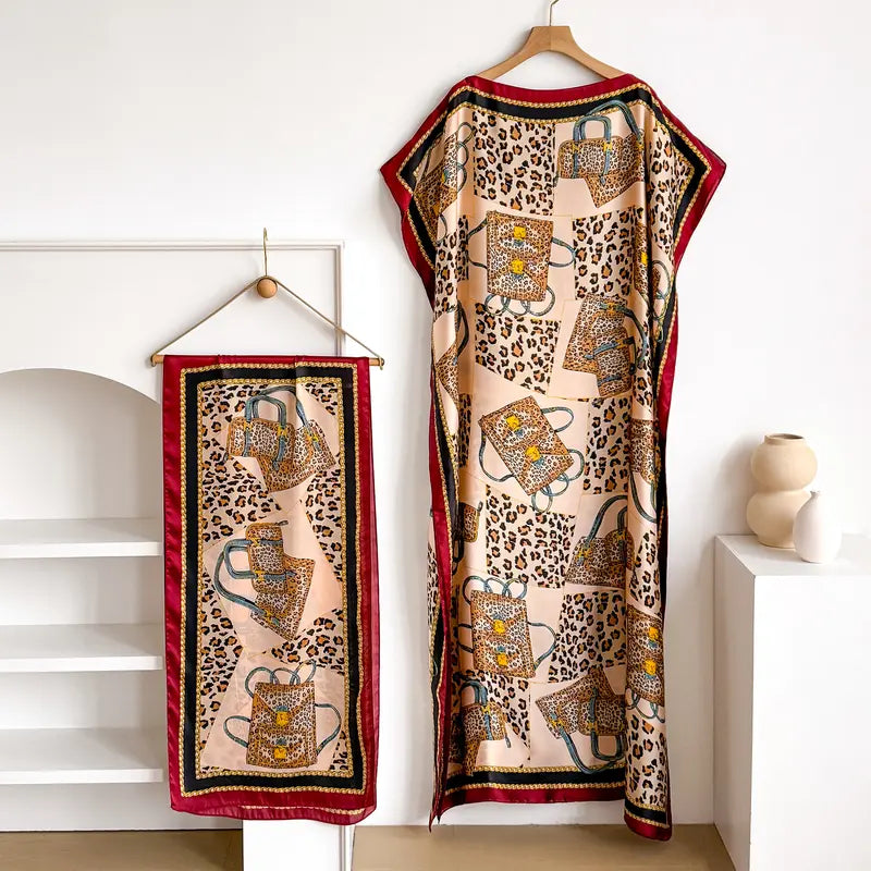 Women Printed Satin Abaya Set, Loose Batwing Sleeve Maxi Dress with Matching Long Scarf, Muslim Hijab Outfit, Islamic Dubai Kaftan for Party Daily Wear