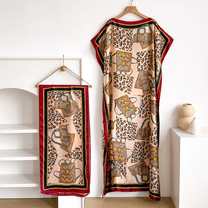 Women Printed Satin Abaya Set, Loose Batwing Sleeve Maxi Dress with Matching Long Scarf, Muslim Hijab Outfit, Islamic Dubai Kaftan for Party Daily Wear
