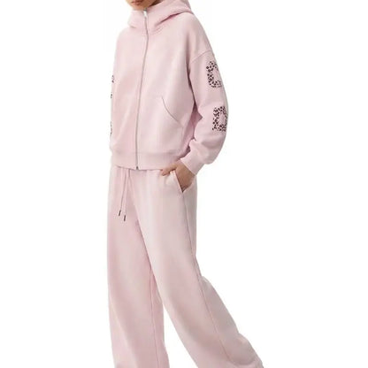 FDR Applique Letter Stand Collar Zip up Jacket & Leopard Panel Faux Two Piece Barrel Sweatpants Set Oversized Y2K Streetwear Unisex