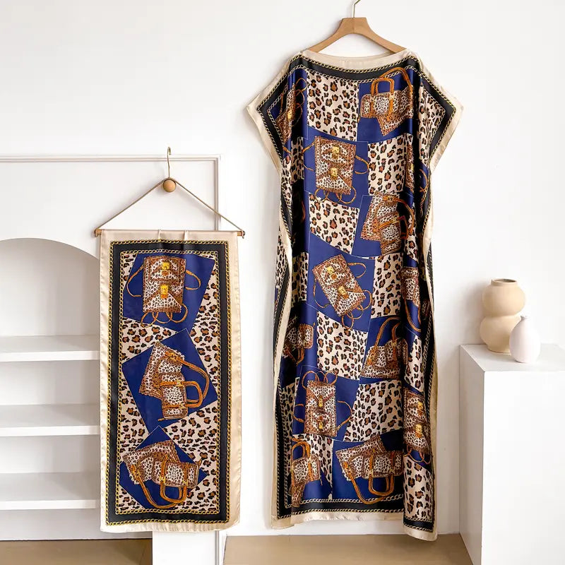 Women Printed Satin Abaya Set, Loose Batwing Sleeve Maxi Dress with Matching Long Scarf, Muslim Hijab Outfit, Islamic Dubai Kaftan for Party Daily Wear