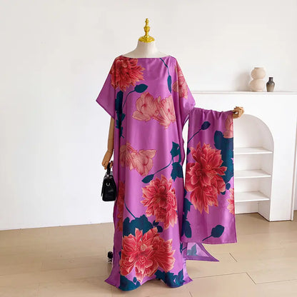 Women Printed Satin Abaya Set, Loose Batwing Sleeve Maxi Dress with Matching Long Scarf, Muslim Hijab Outfit, Islamic Dubai Kaftan for Party Daily Wear