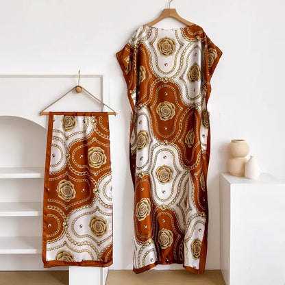 Women Printed Satin Abaya Set, Loose Batwing Sleeve Maxi Dress with Matching Long Scarf, Muslim Hijab Outfit, Islamic Dubai Kaftan for Party Daily Wear