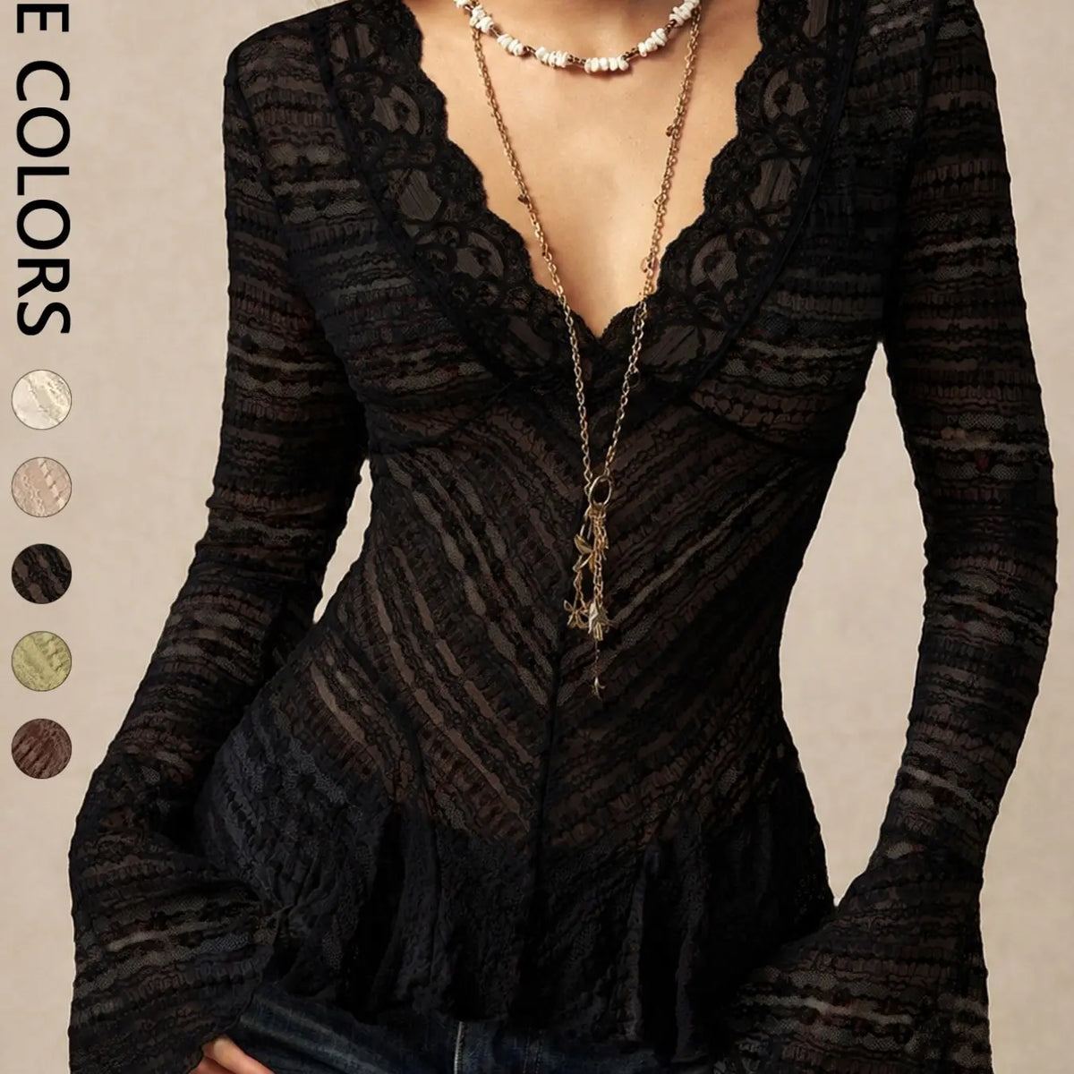 Women'S Wave Lace Trim V-Neck Shirt, Long Flared Sleeve Sheer Texture Ruffle Dress Top, Boho Vintage Elegant Layering Blouse, Perfect for Dates, Brunch, Streetwear, Vacation, Casual