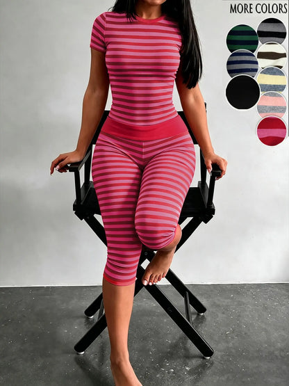 Yellow Grey Striped Two Piece Loungewear Set Crew Neck Short Sleeve Slim Crop Top High Waist Capri Leggings Stretch Fitted Matching Outfit Ideal for Home Relaxation Gym Training Grocery Runs and Casual Everyday All Season Comfy Outfits Stretchy Multicolor