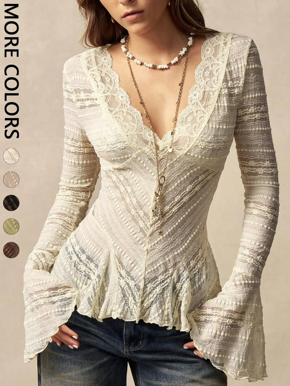 Women'S Wave Lace Trim V-Neck Shirt, Long Flared Sleeve Sheer Texture Ruffle Dress Top, Boho Vintage Elegant Layering Blouse, Perfect for Dates, Brunch, Streetwear, Vacation, Casual